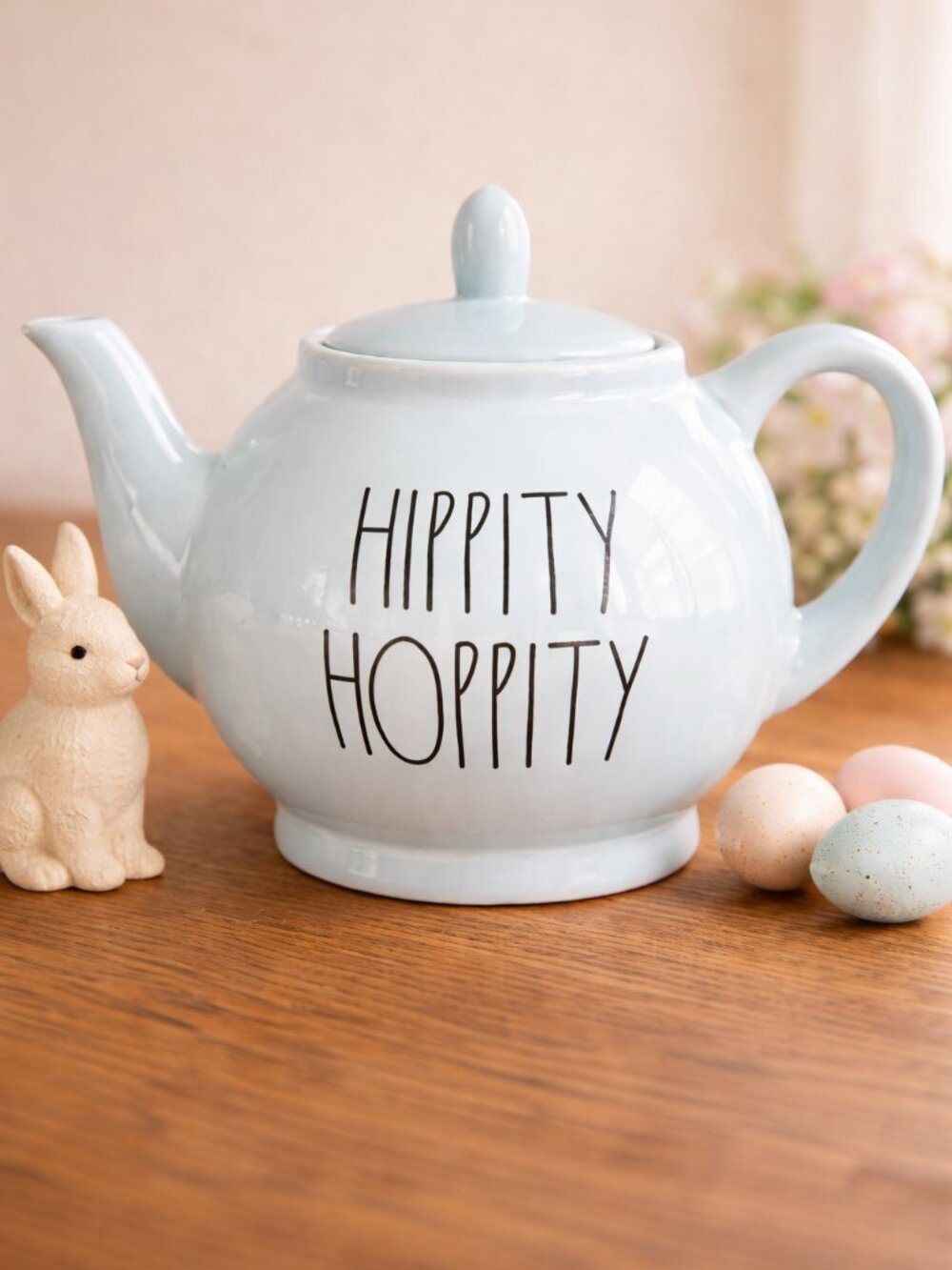 Rae Dunn HIPPITY HOPPITY Easter Teapot Light Blue Artisan Magenta